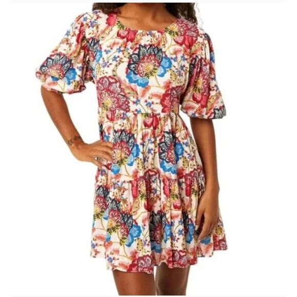 New MISA LA Honor Mini Dress Amalfi Botanical Floral Prairie Puff Sleeve Flowy - Picture 3 of 9